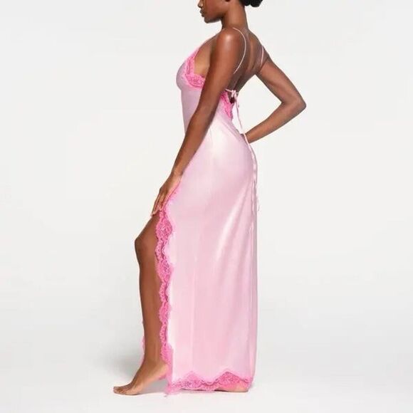 SKIMS Woven Shine Lace Long Dress Cherry Blossom Pink XS Satin Slip - Picture 2 of 16